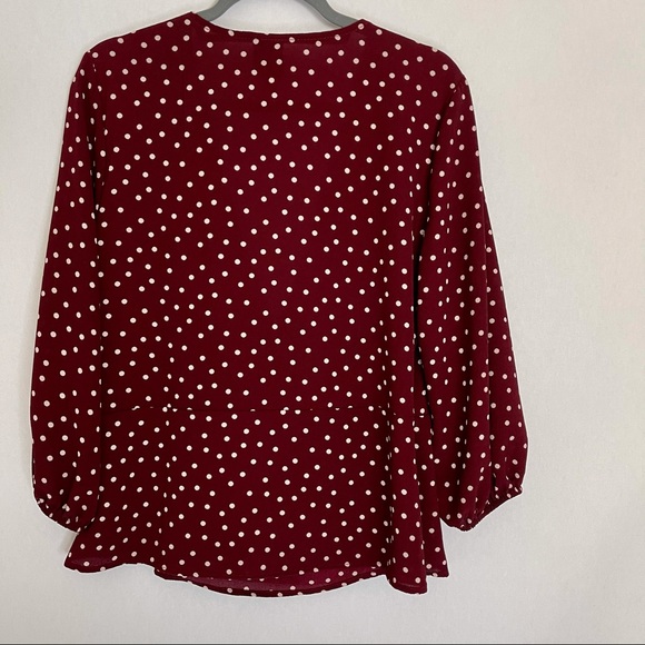 Bobeau Side Button Wrap Blouse Burgundy/Ivory Dot - Picture 7 of 14